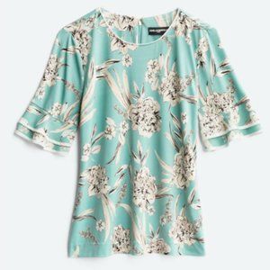 Karl Lagerfeld Paris SEBEKA Bell Sleeve Knit Top, SIZE XL - Aqua with Florals